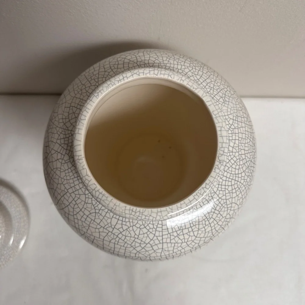 Vintage White Crackle Finish Ceramic Ginger Jar VaseTemple Jar Asian Modern 16”